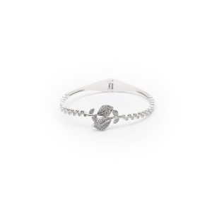 Diamond Embedded Silver Kada Bracelet With Leaf Design