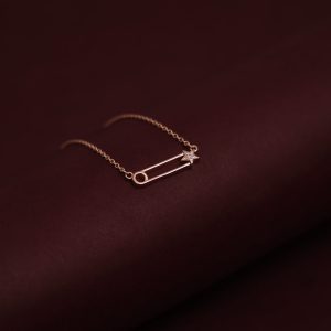 Diamonds Embedded in Silver Rose Gold Plated Dainty Necklace With Safety Pin Pendant