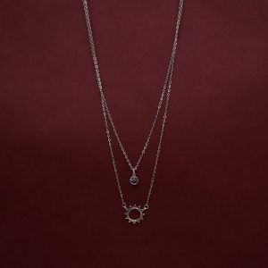 Dual Chain Diamond Embedded Silver Dainty Necklace With Smilie & Sun Pendant