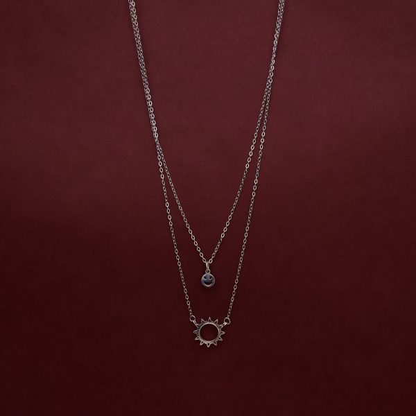 Dual Chain Diamond Embedded Silver Dainty Necklace With Smilie & Sun Pendant