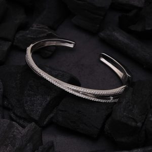 Diamond Embedded Silver Kada Bracelet With Criss Cross Design