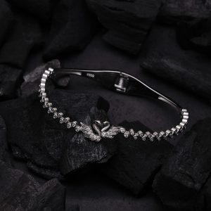 Diamond Embedded Silver Kada Bracelet With Swan Design