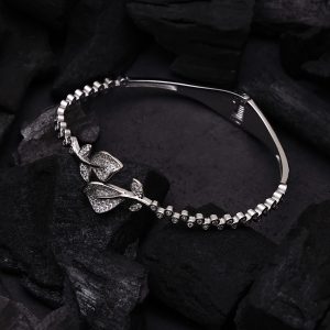 Diamond Embedded Silver Kada Bracelet With Leaf Design