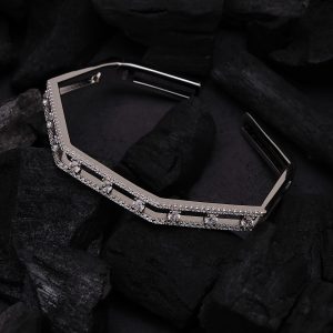 Diamond Embedded Hexagonal Silver Kada Bracelet