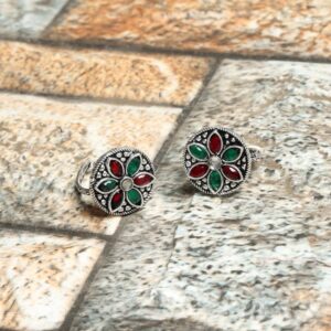 Multicolour flower with silver toe ring - 4 pair
