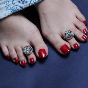 Multicolour flower with silver toe ring - 4 pair