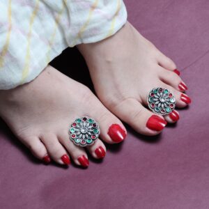 Multicolour flower toe ring - 2 pair